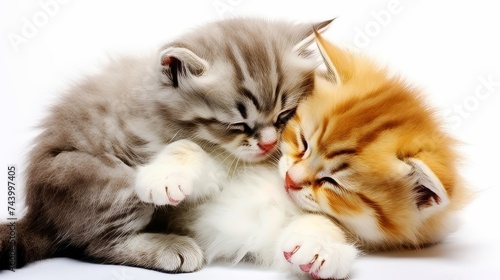 Adorable pair of gray and red-white kittens hugging on the floor, isolated on white background