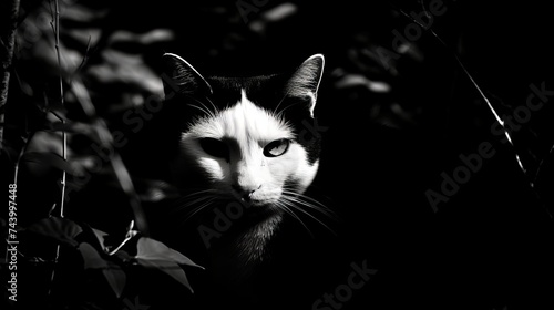 Monochrome portrait of a surly black and white cat peeking out from the green bushes