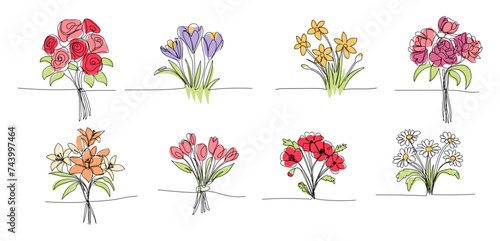 Set of bouquet of flowers lineart single line, clip art, roses, tulips, crocus, daisy, daffodil. vector illustration for postcards, design, One continuous line drawing photo
