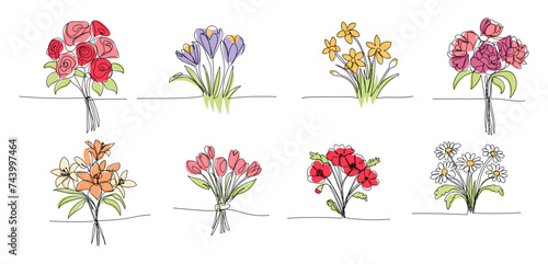 Set of bouquet of flowers lineart single line, clip art, roses, tulips, crocus, daisy, daffodil. vector illustration for postcards, design, One continuous line drawing