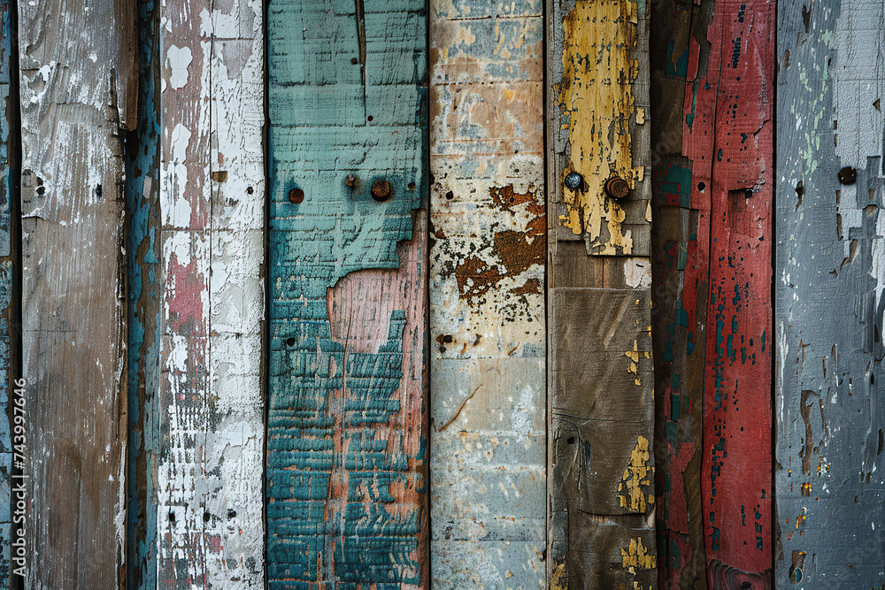 close up image of colourful painted ruined wooden background Generative AI