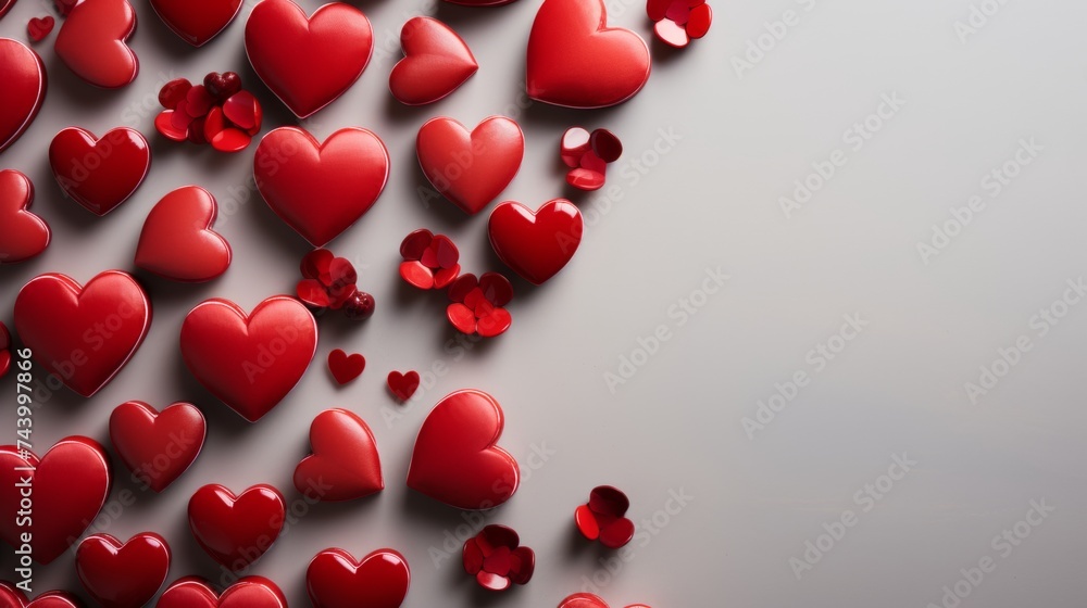 Romantic 3d red hearts and paper flowers on gray background with copy space for valentines day