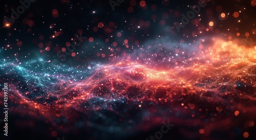 A mesmerizing display of vibrant red and blue lights illuminate the vast universe, mimicking the splendor of a cosmic fireworks show amidst the ethereal backdrop of swirling nebulas and the raw beaut photo