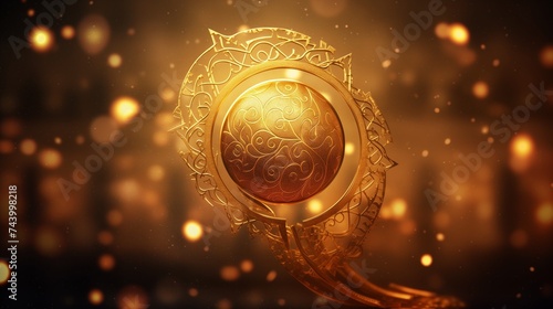 A enchanting Eid Mubarak calligraphy with hollow engraving moon on golden bokeh background