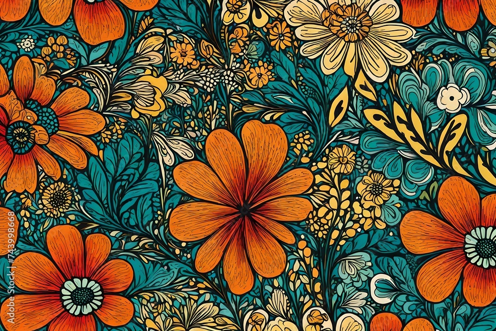 Zoomed-in on a section of a groovy 60s-inspired floral print on a fabric, highlighting its intricate and bold design. Zoomed-in on a section of a groovy 60s-inspired floral print on a fabric, highlighting its intricate and bold design.