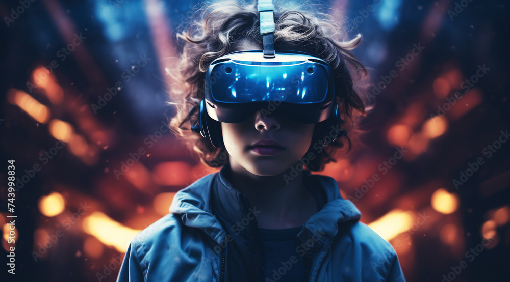Young man wearing VR glasses on a futuristic background Young man wearing VR glasses on a futuristic background