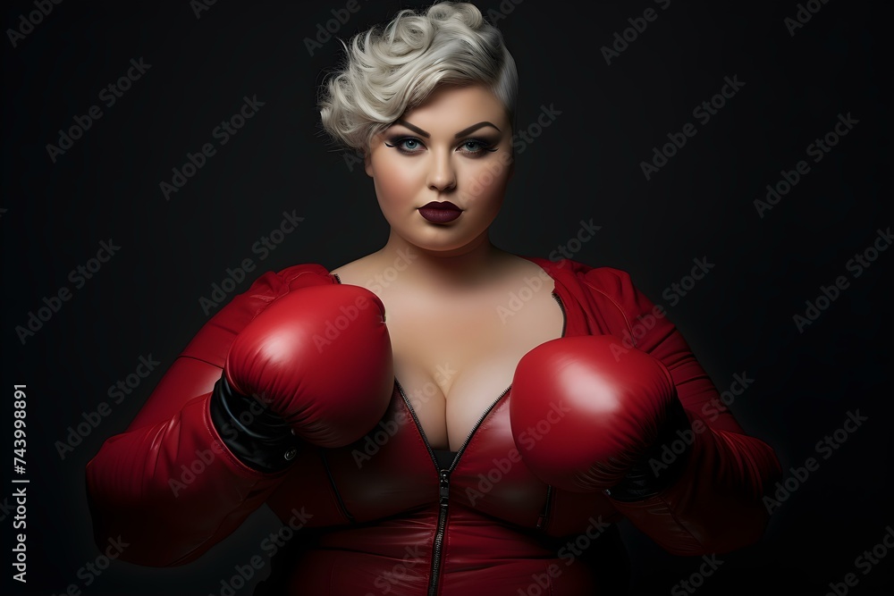 A confident plus-size woman wearing boxing gloves strikes a pose against a dark backdrop. Concept Body positivity, Plus-size fashion, Confidence, Fitness, Empowerment