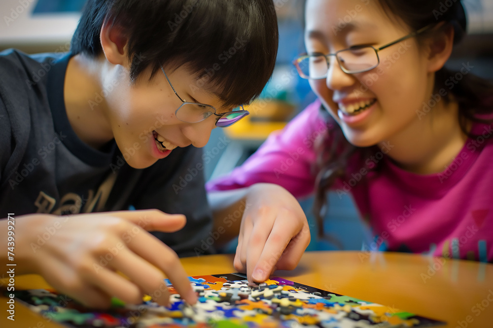 Fototapeta premium Smiling teenagers playing puzzles and solving brain exercises