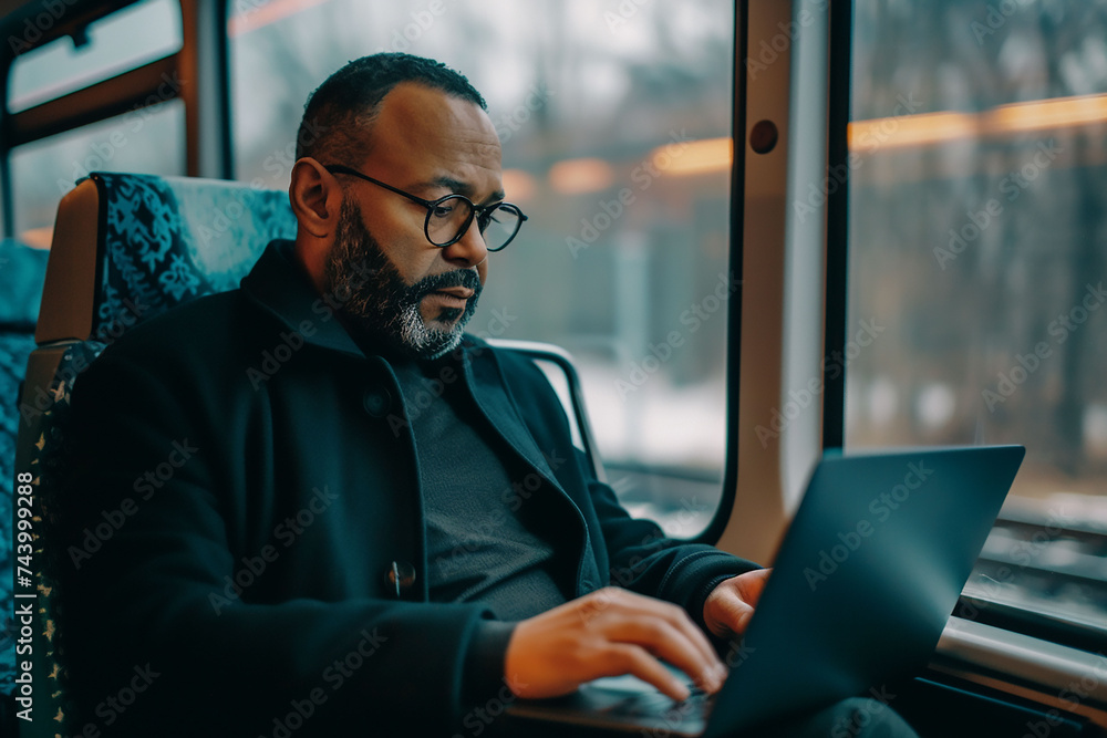 Man working with laptop in the train Man working with laptop in the train