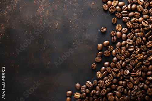 Coffee beans on dark blackboard surface flat lay top view