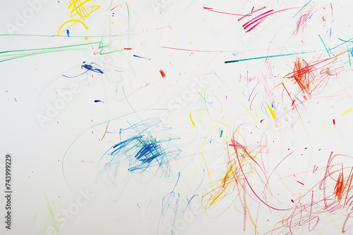 Baby's drawing and crayon scribbles on the wall. Chaotic fun colourful strokes