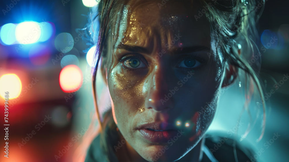 An Extremely Anxious Woman. There are police car lights in the background. Woman is anxious, panicked and sweating. An Extremely Anxious Woman. There are police car lights in the background. Woman is anxious, panicked and sweating.