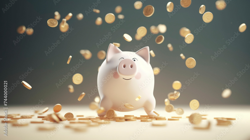 Piggy Bank with Money Coins Falling, Financial Savings Concept - obrazy, fototapety, plakaty 
