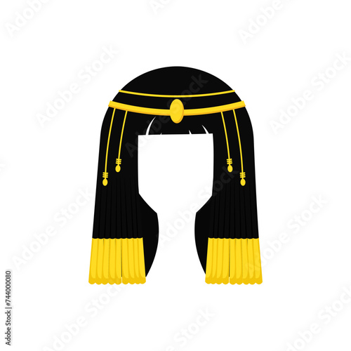 Ancient egyptian wig template. Black with gold decorations hair of cleopatra and nefertiti with decorative hairstyle for colorful antique vector design