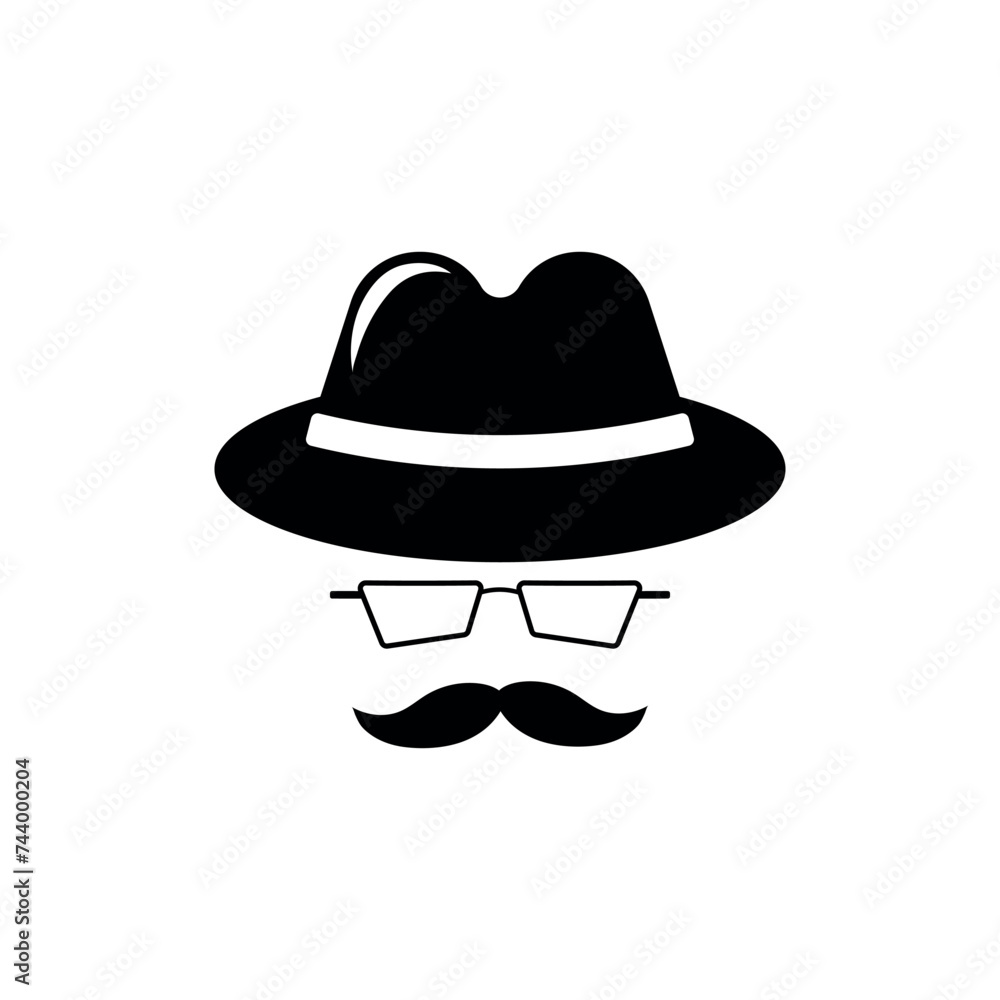 Private detective mask silhouette. Hat with mustache and glasses of inspector character solving a crime and conducting surveillance with vector investigation Private detective mask silhouette. Hat with mustache and glasses of inspector character solving a crime and conducting surveillance with vector investigation