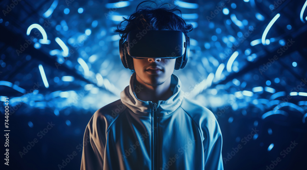 Young man wearing VR glasses on a futuristic background