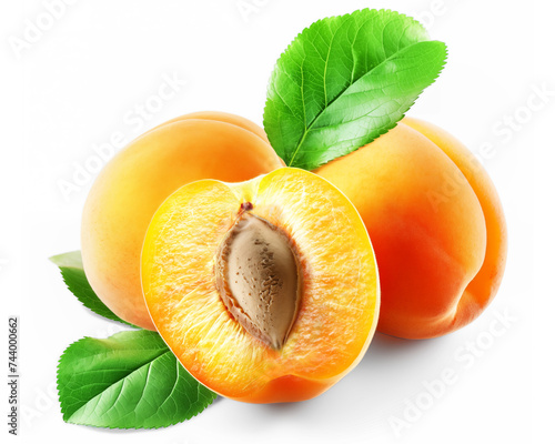 Juicy half of an apricot with a pit and two whole apricots with leaves, isolated on a transparent background.