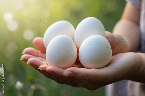 Hen's eggs isolated on girl's hand against Natural background. White eggs isolated on hand against blurred background. Eggs ready for hatching. Proteinous food. Eggs full of protein. Selective Focus. photo