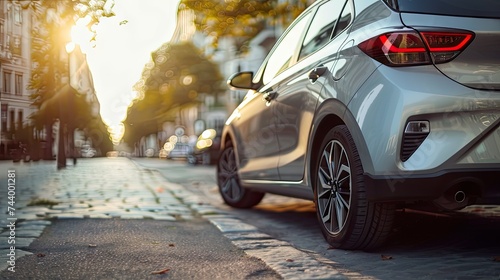 new silver hatchback parking on a local road.