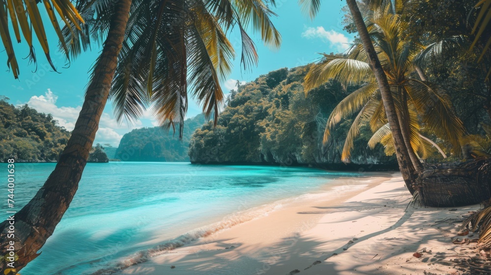 Imagine the perfect beach vacation with soft sand, tall palm trees, and tranquil turquoise sea that invites you to immerse yourself in a world of peace and beauty. - obrazy, fototapety, plakaty 