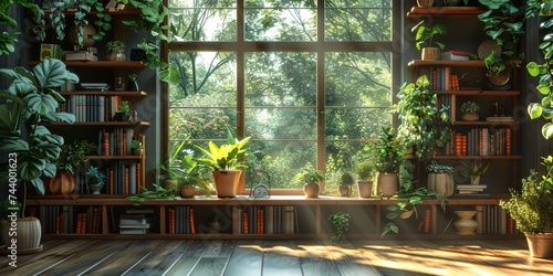 Amidst a serene indoor garden, a solitary houseplant sits on a wooden shelf beside a window, accompanied by a bookcase and furniture, creating a peaceful oasis © Larisa AI