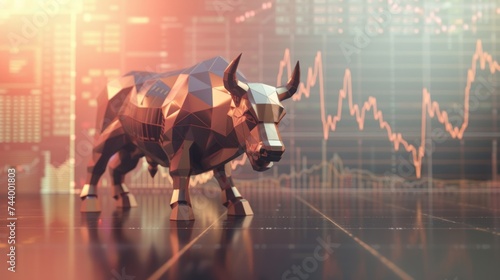 powerful stock market bull sculpture with minimal graph background, upward trends and positive momentum © Yash