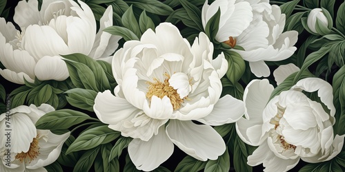 Fototapeta Naklejka Na Ścianę i Meble -  White colors peonies flowers with deep green leaves botanical pattern in vintage draw paint style. Decorative romantic  scene