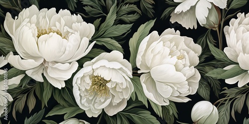White colors peonies flowers with deep green leaves botanical pattern in vintage draw paint style. Decorative romantic scene