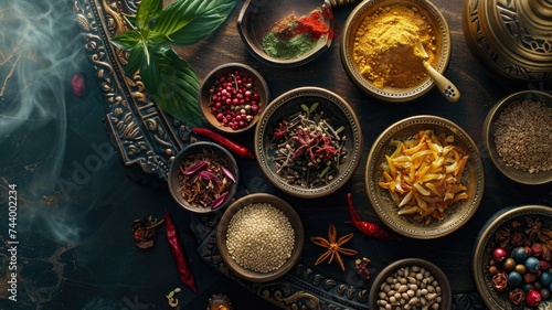 full-frame background using traditional oriental spices for cooking Asian dishes