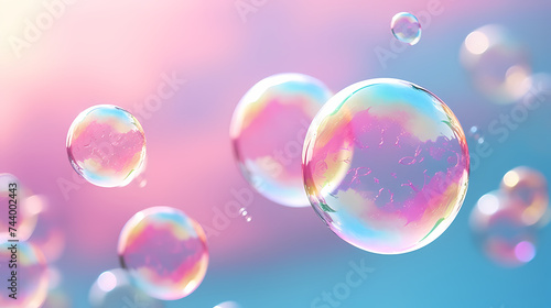 Rainbow colored soap bubbles on multicolored background