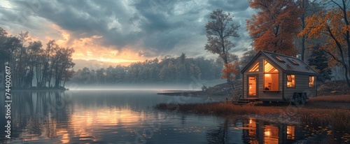 A secluded house nestled among the autumn trees, its reflection dancing on the calm waters of the lake, as the misty fog gives way to a vibrant sunrise and a sky full of billowy clouds photo