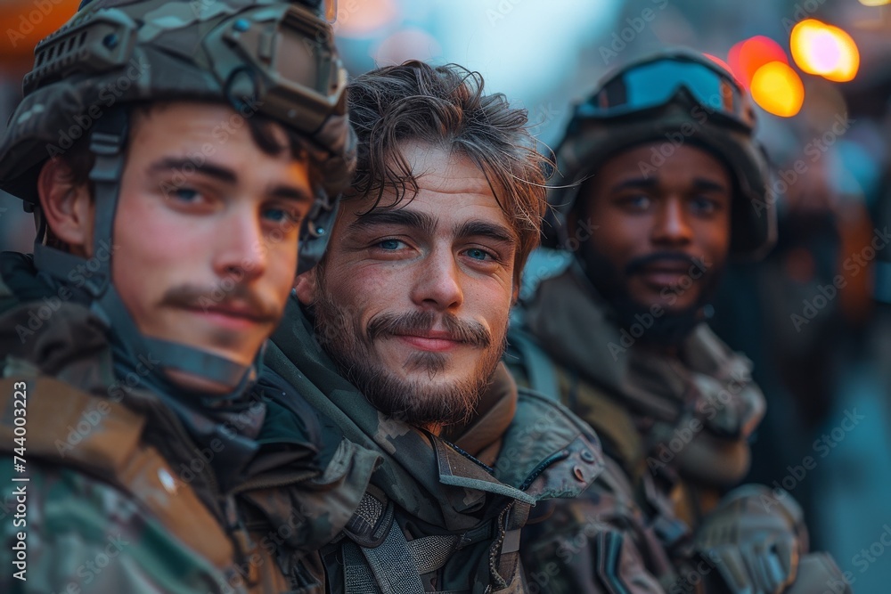 A band of soldiers stands tall and determined, their human faces hidden beneath crisp uniforms, ready to face the unknown challenges of the great outdoors A band of soldiers stands tall and determined, their human faces hidden beneath crisp uniforms, ready to face the unknown challenges of the great outdoors