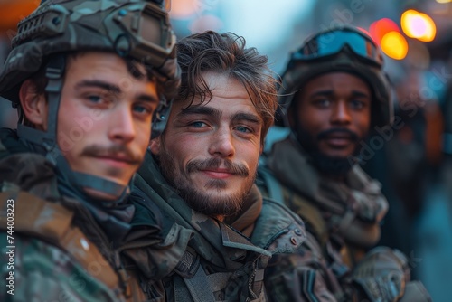 A band of soldiers stands tall and determined, their human faces hidden beneath crisp uniforms, ready to face the unknown challenges of the great outdoors © Larisa AI