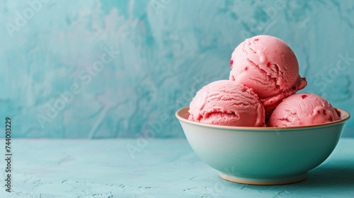 Strawberry ice cream scoops in a bowl