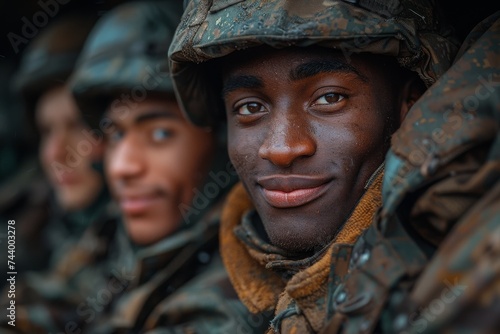 A powerful portrait of brave soldiers, standing tall in their crisp military uniforms, their determined faces a symbol of duty and honor in the great outdoors © Larisa AI