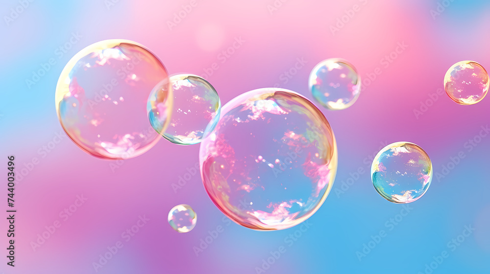 Rainbow colored soap bubbles on multicolored background