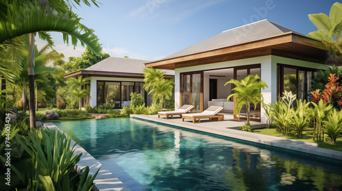 Home or house building Exterior and interior design showing tropical pool villa with green garden © Sajjad