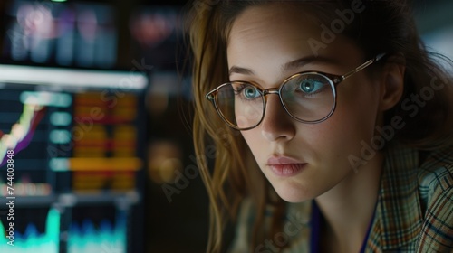 young businesswoman, a trader and analyst, intensely focused on her work