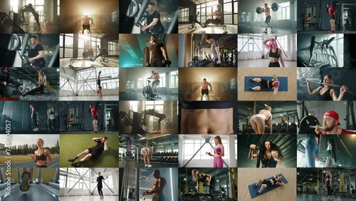 Collage of sports activities. Mega zoom out from one frame to 409,600 frames. Men and women engaging in sports in various gyms, performing different exercises. Sports and health.