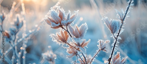 This close-up photo showcases a plant covered in frost crystals, highlighting the captivating beauty of natures icy embrace. © AkuAku