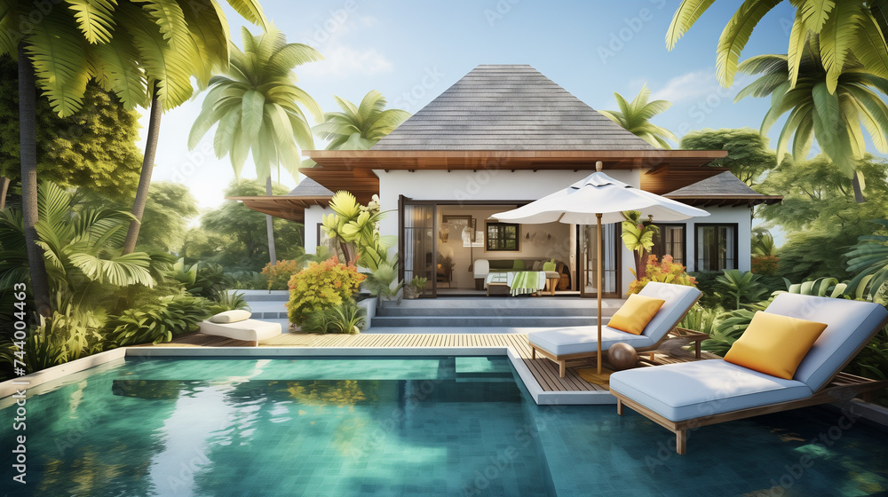 Home or house Exterior design showing tropical pool villa with greenery garden . sun bed, umbrella, pool towels and floating duck