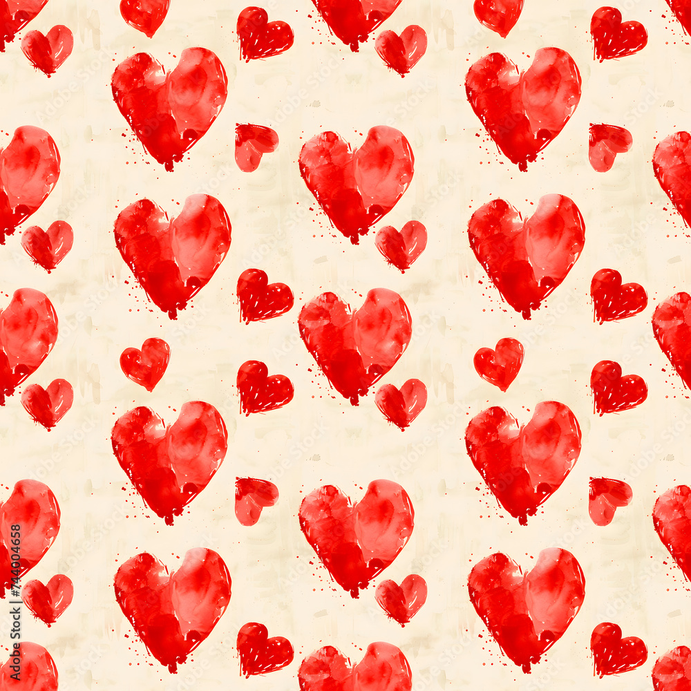 Romantic Square Banner With Red Watercolor Hearts Seamless Pattern Tile Beige Background