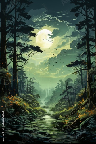 A Painting of a Forest at Night. Generative AI