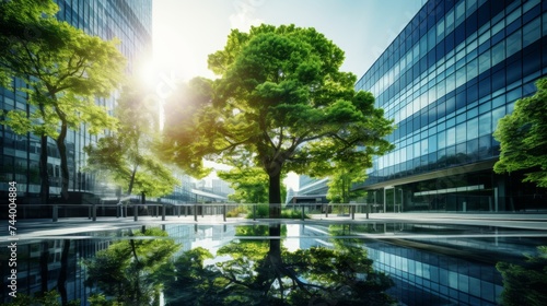 Green tree and glass office building