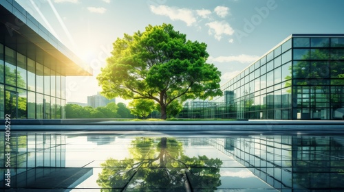 Green tree and glass office building photo