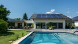 Modern house with solar panels and pool. 