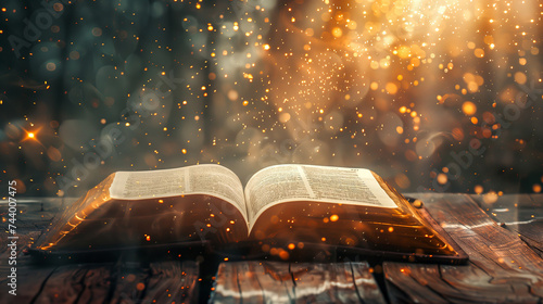 The Bible the Holy Book the Word of God with bokeh particles effects Generative AI Illustration photo