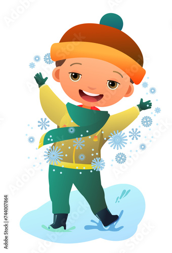 boy catches snowflakes. Child in winter clothes. Fun frost. Winter clothes. Object isolated on white background. Cartoon fun style Illustration vector