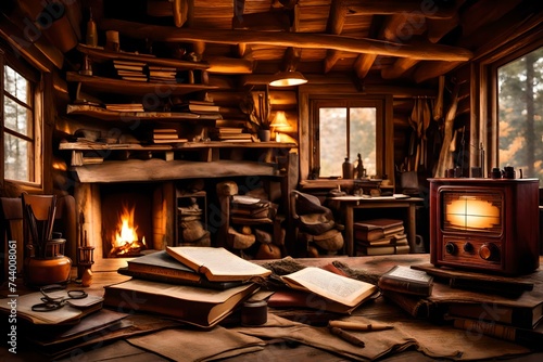 A rustic cabin in the woods with a vintage radio, worn-out books, and a fireplace casting a warm glow. © RUK Collections