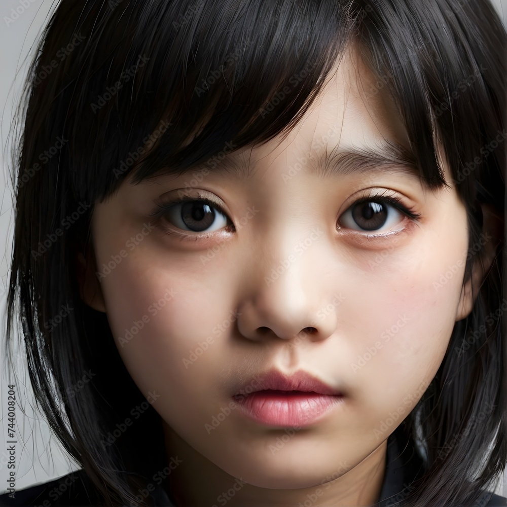 beautiful little japanese girl. Gray background. Generative AI beautiful little japanese girl. Gray background. Generative AI